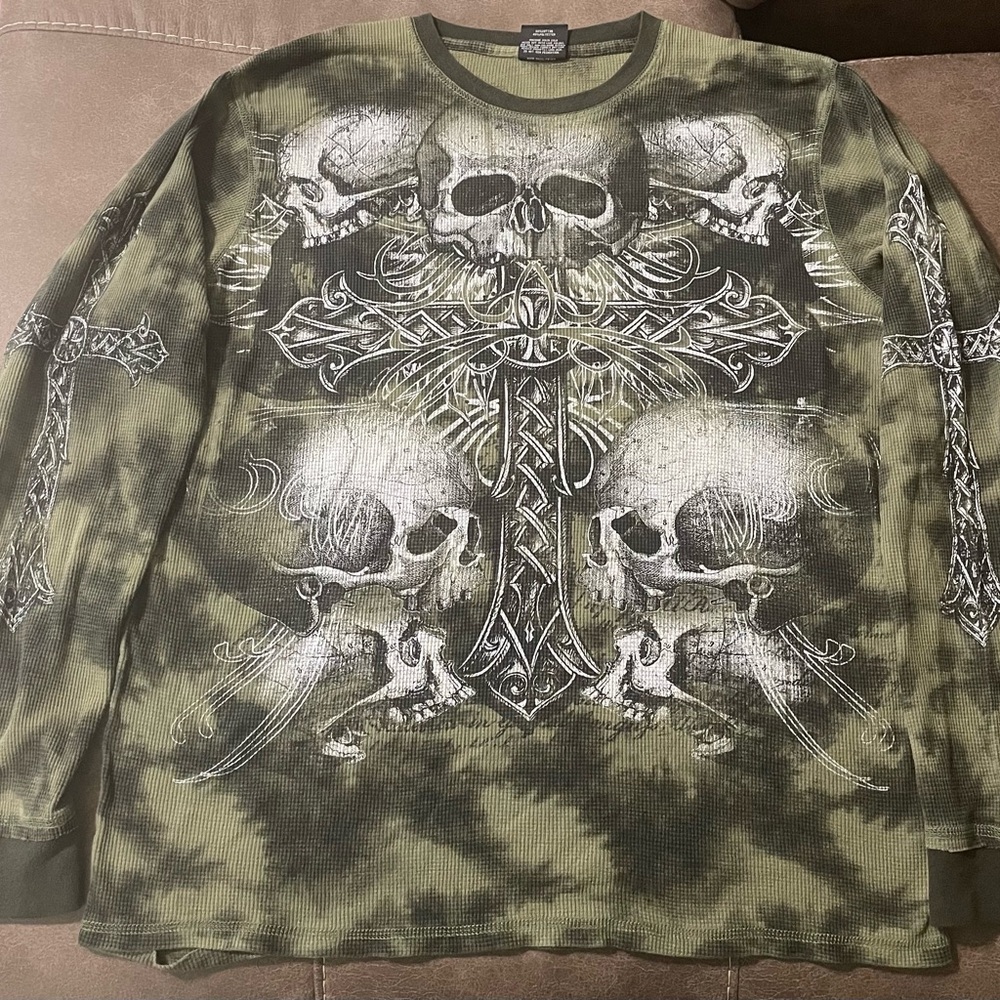 Vintage MMA Elite Thermal Long Sleeve Waffle Knit Skull Cross Tribal Y2K XL